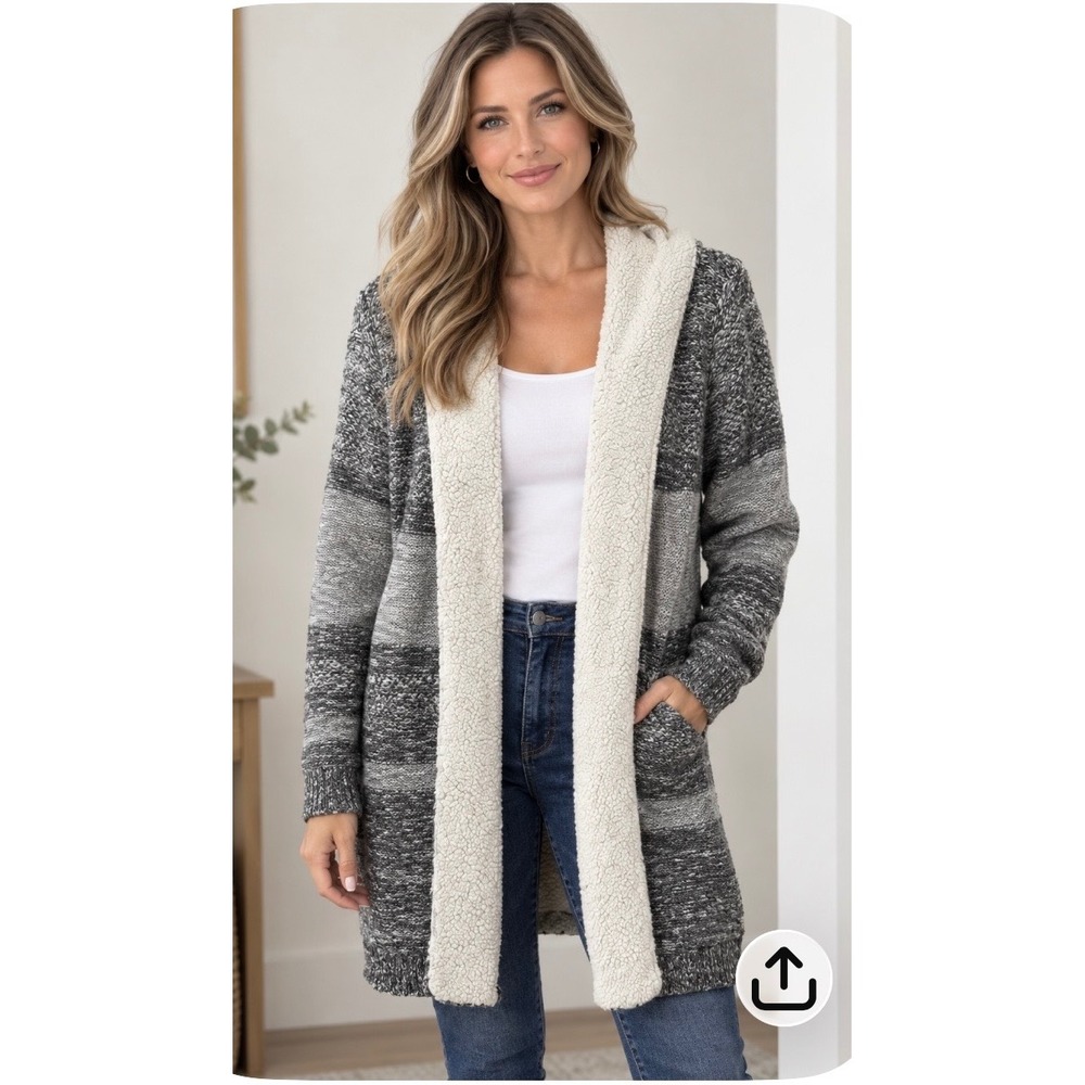 Lety & Me Womens 3X Grey Striped Sherpa Lined Hooded Open Front Cardigan 3X